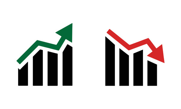 Graph going Up and Down sign with green and red arrows vector. Flat design vector illustration concept of sales bar chart symbol icon with arrow moving down and sales bar chart with arrow moving up