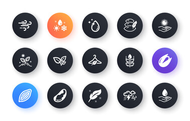 Minimal set of Pillow, Slow fashion and Gluten free flat icons for web development. Feather, Sun protection, Water drop icons. Bad weather, Brazil nut, Leaves web elements. Pistachio nut. Vector