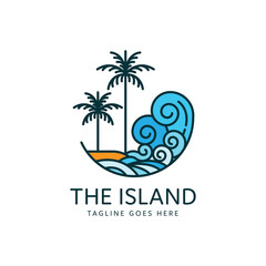tropical island beach logo design with two palm trees and ocean waves