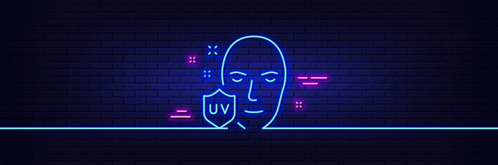 Neon light glow effect. UV protection line icon. Skin care sign. Healthy face symbol. 3d line neon glow icon. Brick wall banner. UV protection outline. Vector