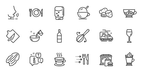Outline set of Food market, Food delivery and Cooking whisk line icons for web application. Talk, information, delivery truck outline icon. Include Coffee cup, Water cooler, Ice cream icons. Vector