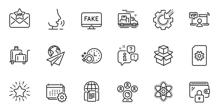 Outline Set Of Paper Plane, Packing Boxes And Fake News Line Icons For Web Application. Talk, Information, Delivery Truck Outline Icon. Include Calendar, Seo Gear, Star Icons. Vector