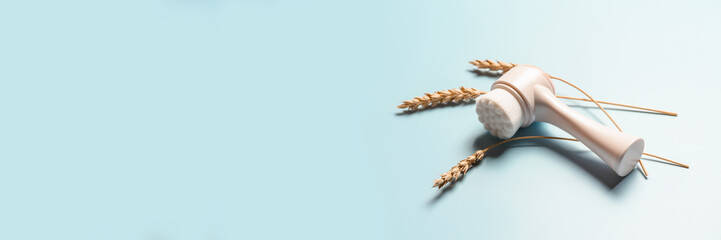 Facial brush with wheat spike on blue background. Banner.