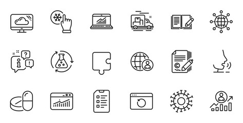Outline set of Coronavirus, Copywriting and Medical drugs line icons for web application. Talk, information, delivery truck outline icon. Vector