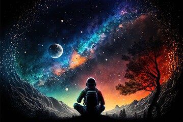 Human in space takes in the sights starry night. Generative AI