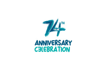 74th, 74 years, 74 year anniversary celebration fun style logotype. anniversary white logo with green blue color isolated on white background, vector design for celebrating event