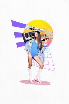 Vertical collage picture of positive cheerful girl show v-sign carry boombox listen music dance disco ball isolated on creative background