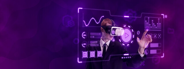 Man, employee wearing VR glasses and working on virtual holographic computer screen. Futuristic HUD Ui for app. User interface HUD