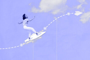 Collage photo of youngster girl flying surfing board air paper plane calculate trajectory extreme adrenaline isolated on painted heaven background
