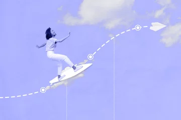 Fotobehang Collage photo of youngster girl flying surfing board air paper plane calculate trajectory extreme adrenaline isolated on painted heaven background © deagreez