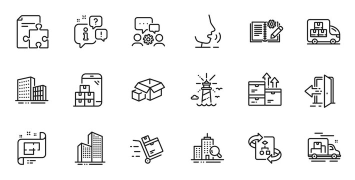 Outline set of Delivery truck, Entrance and Engineering team line icons for web application. Talk, information, delivery truck outline icon. Vector
