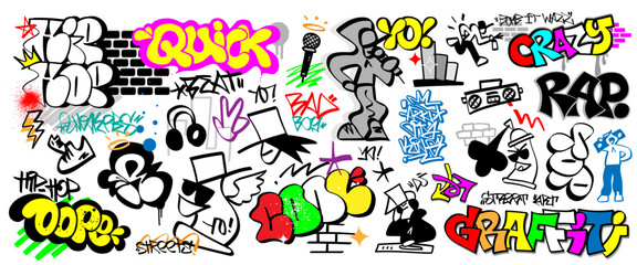 
rap music, graffiti street art style doodle set, vector design element