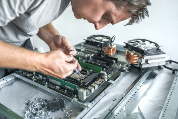 Man engineer,collector.Independent self computer assembly. Mounting in sockets processor,random...