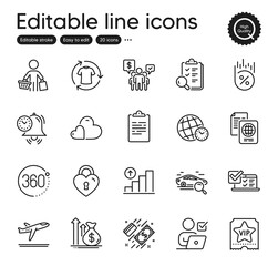 Set of Business outline icons. Contains icons as Time zone, Departure plane and Inspect elements. Passport document, Care, Budget web signs. Search car, Graph chart, Change clothes elements. Vector