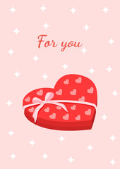 Red box in the shape of a heart with a pink bow for sweets. Vector illustration of gift wrapping for postcards, textiles, decor, poster, banner. Greeting card for Valentine's Day and other holidays.