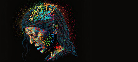 Naklejka premium Pain: migraine and headaches overcoming, brain suffering, person isolated in her pain. Copy space. Fantasy illustration of headaches. Illustration, generated AI