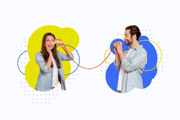 Creative collage image of two cheerful excited people talk listen wire cup connection isolated on...