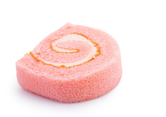 Sponge cake roll slices isolated on white background, with chocolate, vanilla and berry cream