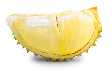 Durian fruit with cut in half and leaves isolated on white background.