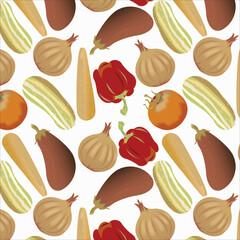 Seamless pattern of upsdell red color capsicum, middle green yellow cucumber, sunray carrot, bronze tomato, camel color onion, bole color eggplant on white background. textile design, wallpaper art.