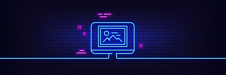Neon light glow effect. Photo thumbnail line icon. Monitor with Image sign. Picture placeholder symbol. 3d line neon glow icon. Brick wall banner. Photo thumbnail outline. Vector