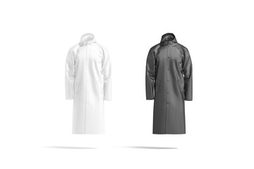 Blank black and white protective raincoat mockup, front view