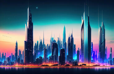 Fototapeta na wymiar Future smart city landscape concept. Skyscrapers in abstract panoramic bright night futuristic metropolis. Generative AI