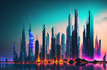 Fototapeta na wymiar Future smart city landscape concept. Skyscrapers in abstract panoramic bright night futuristic metropolis. Generative AI