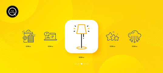 Fototapeta na wymiar Cloud storage, Stand lamp and Online help minimal line icons. Yellow abstract background. Stars, Seo shopping icons. For web, application, printing. Data service, Floor lamp, Web support. Vector