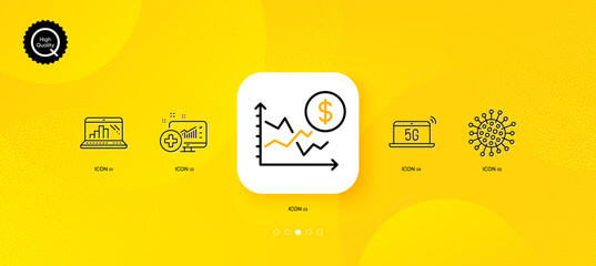 Fototapeta na wymiar Coronavirus, Dollar rate and 5g notebook minimal line icons. Yellow abstract background. Medical analytics, Graph laptop icons. For web, application, printing. Vector
