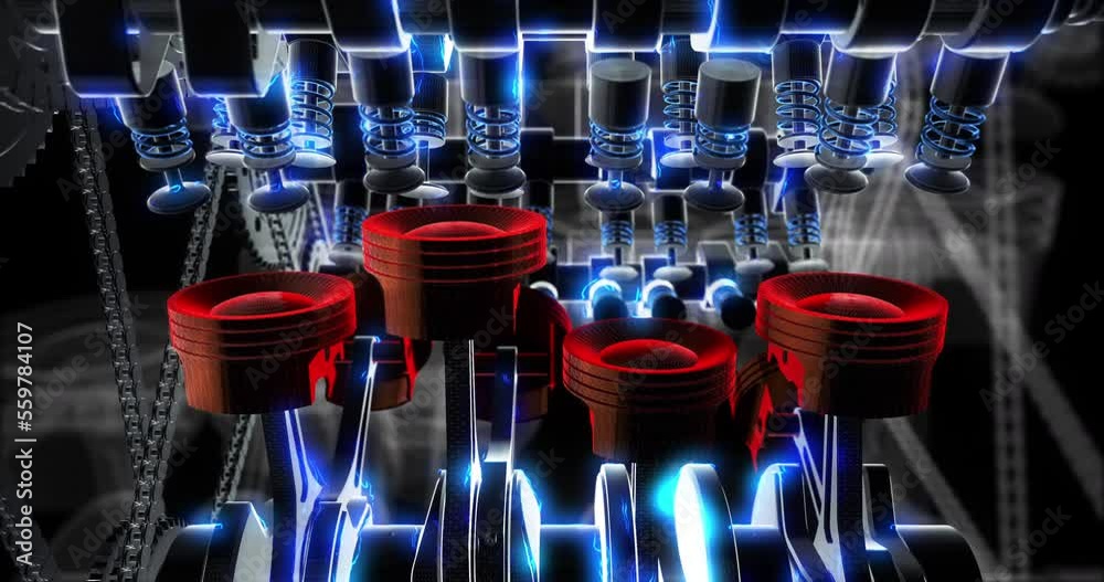 Poster Raw power V8 engine accurately working and generating power. V8 engine. Industry related 4K 3D animation.