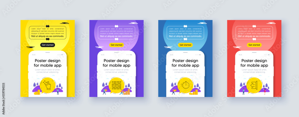 Poster simple set of move gesture, binary code and cooking timer line icons. poster offer design with phone