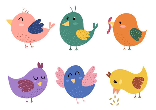 Cute birds collection. Hand drawn characters set in cartoon style for kids design. Vector illustration
