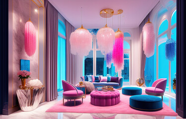 Stunning luxury store window display with pink and blue hanging crystals on back wall, Stunning Lavish apartment interior design . Generative AI