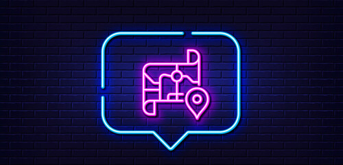 Neon light speech bubble. Map line icon. Road trip sign. Journey route distance symbol. Neon light background. Map glow line. Brick wall banner. Vector
