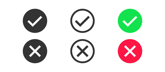 Yes, no icon on white background. Green chek mark and red cross sign. True of false concept. OK symbol. Outline, flat, and colored style. Vector illustration.
