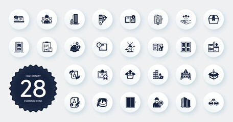 Set of Industrial icons, such as Engineer, Engineering team and Brush flat icons. Parcel shipping, Lighthouse, Consolidation web elements. Inventory, Get box, Buildings signs. Send box. Vector