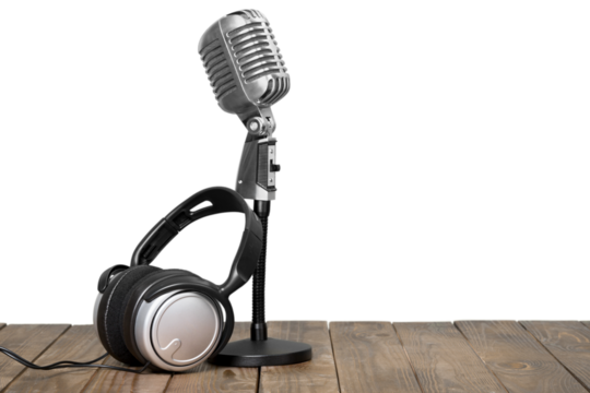 Retro microphone and modern headphones on table