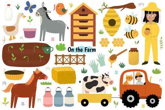 Cute farm animals set with cow, horse, donkey and goose. Little farmers, gardening equipment, tractor, beehive, milk, garden bed with sprouts and other elements. Vector illustration