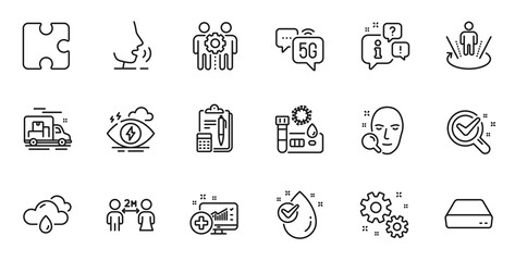 Outline set of Work, 5g internet and Augmented reality line icons for web application. Talk, information, delivery truck outline icon. Include Employees teamwork, Water drop, Mini pc icons. Vector