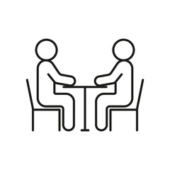 People seat at table, conversation, talk, meeting icon line. Man communication on work, equality partnership. Vector illustration