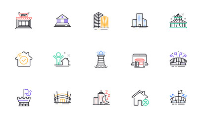 Shield, Skyscraper buildings and Court building line icons for website, printing. Collection of Marketplace, Lighthouse, House security icons. Arena stadium, Shop, Arena web elements. Vector