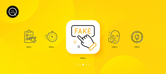 Fototapeta na wymiar Idea, Fake information and Face attention minimal line icons. Yellow abstract background. Timer, Checklist icons. For web, application, printing. Solution, False truth, Exclamation mark. Vector