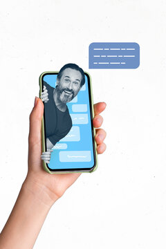 Creative photo 3d collage artwork poster postcard of positive middle aged man inside telephone screen write sms isolated on painting background