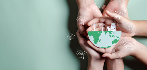 Hands together holding ESG Environmental, environmental, social, and governance in sustainable and ethical business on the Network connection.