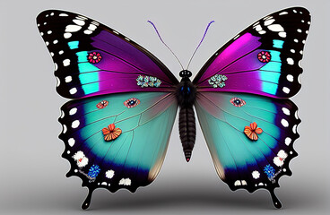 butterly with snowdrop and daffaodil flowers in wing, garnet and aquamarine colors. Generative AI