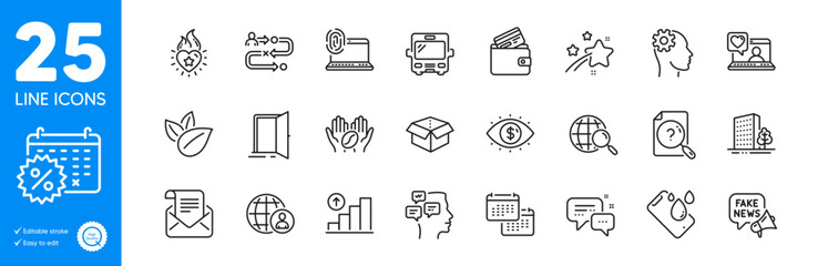 Outline icons set. Employees messenger, Falling star and Buildings icons. Bus, Open door, Graph chart web elements. Engineering, Web search, Coffee signs. Friends chat, Mail newsletter. Vector