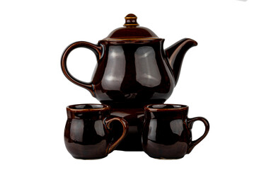 The Stoneware Dark Brown Teapot with two cups