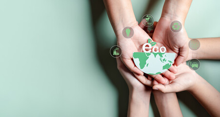Hands together holding ESG Environmental, environmental, social, and governance in sustainable and ethical business on the Network connection.
