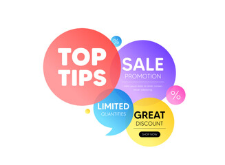 Discount offer bubble banner. Top tips tag. Education faq sign. Best help assistance. Promo coupon banner. Top tips round tag. Quote shape element. Vector